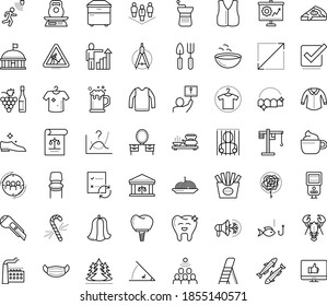 Thin outline vector icon set with dots - medical mask vector, candy cane, career growth, Winemaking, Gardening tools, Audience targeting, Cutter knife, Aspect Ratio, Compasses, Fishing, Clothes