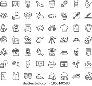 Thin outline vector icon set with dots - gift bag vector, career growth, Car wash service, Online tutorial, Pencil and ruler, Scissors, Marker, Game streaming, palette, woman shoes, vest, Fish, bone