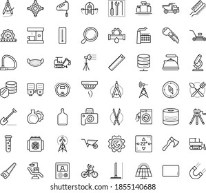 Thin outline vector icon set with dots - medical mask vector, Shovel, Rake, Lawnmower, Wheelbarrow, Gardening scissors, Hand saw, Plumbing service, Repair, Magnifier, Cutter knife, Compasses, Tipper