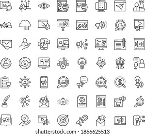 Thin Outline Vector Icon Set With Dots - Hr Department Vector, Strategy, SEO, Video Marketing, Web Analytics, Social Media, Mail, Digital, Creative Campaign, Content Management, Research, Email