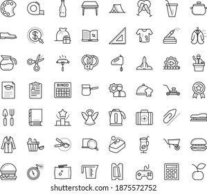 Thin outline vector icon set with dots - gift bag vector, angel, award, Lawnmower, Garden hose, Gardening tools, pruner, hr policies, Ranking, eLearning, Paperclip, Stapler, Scissors, Sharpener, pan