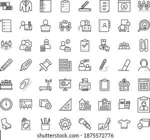 Thin outline vector icon set with dots - hr manager vector, job interview, Laundry service, Small business, Stationery, Paperclip, Pencil, and ruler, Folder, Eraser, Clipboard, Pin, Calculator, suit
