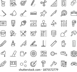 Thin outline vector icon set with dots - Shovel vector, Rake, Scythe, Watering can, Garden gloves, Electronics repair, Productivity, Data mining, Paperclip, Pen, Pencil, and ruler, Eraser, Pin, kit