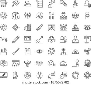 Thin outline vector icon set with dots - teamwork vector, Shovel, Wheelbarrow, Gardening scissors, Hand saw, Garden gloves, tools, referral, hr consulting, services, Plumbing service, Cleaning, suit