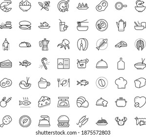 Thin outline vector icon set with dots - candy cane vector, restaurant menu, starters, Fish, main dish, chef, Pasta, Salad, sandwich, seafood, breakfast, vegetarian, mussel, steak, perch, oyster