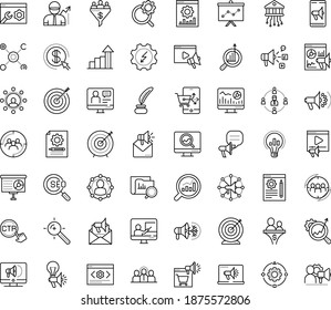 Thin outline vector icon set with dots - goal vector, growth, Electrical service, Video marketing, Web analytics, Target keywords, Social media, SEO monitoring, Mail, Audience targeting, Digital