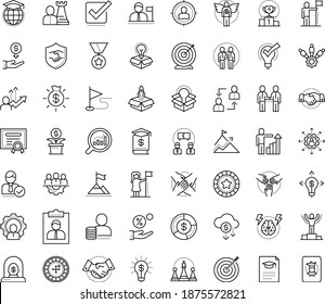 Thin outline vector icon set with dots - success vector, winner, attainment, competition, goal, career growth, medal, successful woman, outsourcing, employee relations, hr strategy, Global education