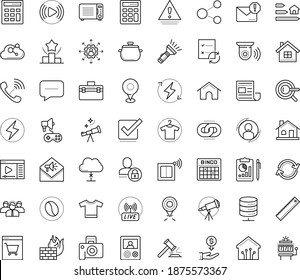 Thin outline vector icon set with dots - outsourcing vector, Keyword, Spam, Web Link, User, Ranking, Calculator, Video streaming, media player, Live Event, Astronomy, Clothes, t shirt, house, leader