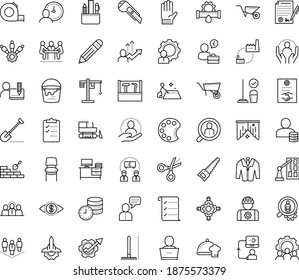 Thin outline vector icon set with dots - Shovel vector, Rake, Wheelbarrow, Hand saw, Garden gloves, hr consulting, permanent recruitment, services, Plumbing service, Cleaning, Team building, Pencil