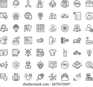 Thin outline vector icon set with dots - Human Resources vector, Services, Car rental, Disinfection service, Landing page, Video marketing, Social media, Audience targeting, Cost per click, campaign