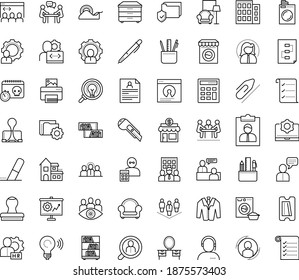 Thin outline vector icon set with dots - hr manager vector, consulting, permanent recruitment, job interview, resume, Laundry service, User, Business Company, Small, Stationery, Paperclip, Pen, suit