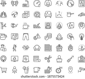 Thin outline vector icon set with dots - epidemic vector, Christmas, champagne, festive bow, wreath, Photo services, Hairdressing salon, Online coaching, Self learning, Partnership, Small business