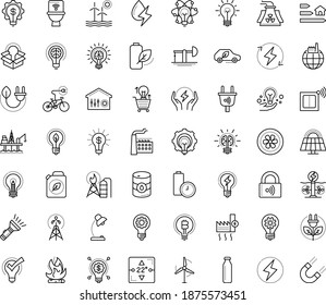 Thin outline vector icon set with dots - innovation vector, Entrepreneurship, Idea, great solution, Creative process, Table lamp, creativity, electric bycicle, fintech, Commerce solutions, factory