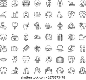 Thin outline vector icon set with dots - quarantine vector, fever, medical mask, wash hands, muscle pain, Lawnmower, Watering can, Gardening scissors, Garden hose, tools, babysitting service, client