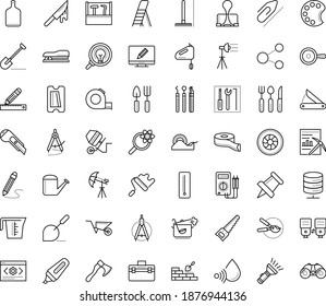 Thin outline vector icon set with dots - Shovel vector, Rake, Wheelbarrow, Watering can, Hand saw, Gardening tools, Garden pruner, Electronics repair, Data mining, Paperclip, Pencil and ruler, Pin