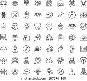Thin outline vector icon set with dots - headache vector, muscle pain, avoid contacts, cough, elf, teamwork, vision, Human Resources, hr manager, software, permanent recruitment, policies, solutions