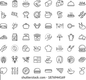 Thin outline vector icon set with dots - seeds vector, restaurant menu, starters, main dish, chef, Pizza, burger, seafood, chicken, breakfast, vegetarian, bread, mussel, fish steak, sardine, eel