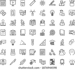Thin outline vector icon set with dots - Distance Learning vector, Exam, Interactive Course, Online Training, teacher, Asynchronous, electronic Book, coaching, Blended, Self, Mobile, Webinar, Pen