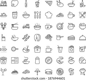 Thin outline vector icon set with dots - restaurant menu vector, Soup, Fish, main dish, Beverage, Pasta, Pizza, Salad, sandwich, chicken, vegetarian, dating, Seafood, mussel, steak, sardine, eel