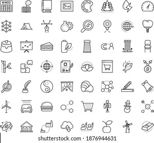 Thin Outline Vector Icon Set With Dots - Snowman Vector, Christmas Bell, Car Wash Service, Marketing Research, AI Architecture, Pencil And Ruler, Knowledge, Palette, Inkwell, Curve Pen, Puzzle, Fork