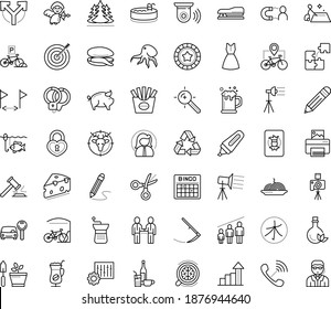 Thin outline vector icon set with dots - growth vector, Scythe, Car rental, Target keywords, Cognitive Science, Pencil, Stapler, Scissors, Marker, Sketching, Puzzle, Hunting, Gardening, dress, Pasta