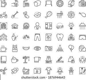 Thin outline vector icon set with dots - medical mask vector, wash hands, gift bag, holly, christmas stocking, career growth, vision, Shovel, Semantic Analysis, Pencil and ruler, Scissors, Audience