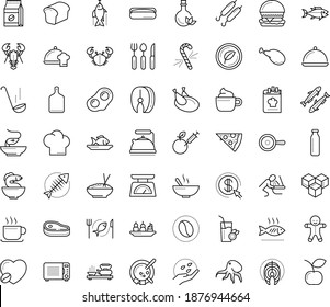 Icono de vector de contorno delgado con puntos - vectores de vómito, hombre de jengibre, bastón de caramelo, semillas, entrantes, pescado, plato principal, chef, pizza, mariscos, pollo, vegetariano, filete, sardina, bogavante, cangrejo, sartén