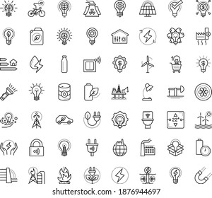 Thin outline vector icon set with dots - innovation vector, Entrepreneurship, Idea, great solution, Creative process, Table lamp, creativity, electric bycicle, Commerce solutions, factory, dam, oil