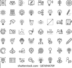 Thin outline vector icon set with dots - innovation vector, Car repair service, SEO copywriting, Creative campaign, Entrepreneurship, Business Company, Collaborative idea, Brain storm, Priority