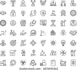 Thin outline vector icon set with dots - success vector, winner, attainment, competition, award, champion, goal, career growth, cooperation, successful woman, tactics, outsourcing, hr strategy, suit