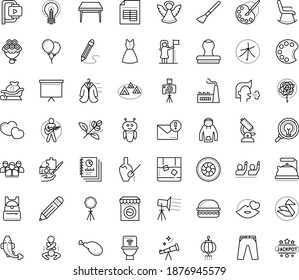 Thin outline vector icon set with dots - cough vector, santa sleigh, angel, successful woman, Spam, AI Robot, Pencil, Board stand, Video Compression, Creative process, palette, Sketching, Hobbie