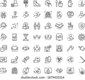 Thin outline vector icon set with dots - wash hands vector, disinfect, winner, victory, tactics, Scythe, Garden gloves, seeds, hr department, recruiter, Services, Real estate service, Mobile, DJ