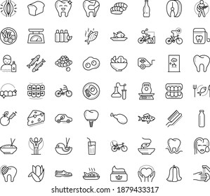 Thin outline vector icon set with dots - muscle pain vector, stay hydrated, champion, Guitar playing, sneakers, Fish, Salad, seafood, breakfast, Bike Child seat, pet trailer, sharing, caring, steak