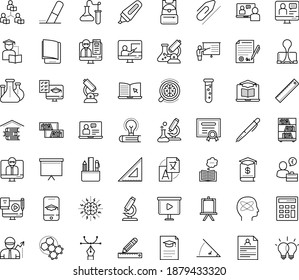 Thin outline vector icon set with dots - resume vector, Translation service, eLearning, Computer Based Training, Distance Learning, Exam, Interactive Course, Online, teacher, Asynchronous, coaching