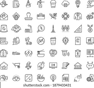 Thin outline vector icon set with dots - wash hands vector, avoid contacts, santa, Bucket, Spray bottle, Copywriting, Business education, Idea, Deep learning, Chat Bot, AI Decision, sneakers, suit