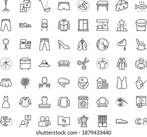 Thin outline vector icon set with dots - chills vector, referral, Translation service, Hairdressing salon, Ranking, Video marketing, Algorithm, Scissors, Origami, Clothes, Man shoes, woman, jeans