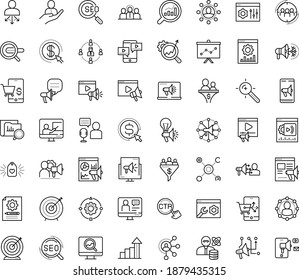 Thin outline vector icon set with dots - goal vector, growth, hr department, SEO, Search engine, Video marketing, Target keywords, monitoring, Audience targeting, Cost per click, Digital, Mobile