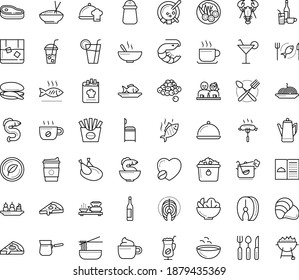 Thin outline vector icon set with dots - restaurant menu vector, starters, Soup, Fish, main dish, chef, Pasta, Salad, drinks, seafood, chicken, vegetarian, dating, mussel, steak, eel, oyster, shrimp