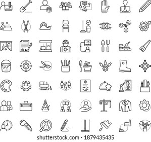 Thin outline vector icon set with dots - Shovel vector, Rake, Gardening scissors, Hand saw, Rubber boots, Garden gloves, tools, pruner, referral, permanent recruitment, Cleaning service, Algorithm