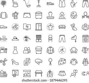 Thin outline vector icon set with dots - chills vector, christmas stocking, referral, Translation service, Ranking, Video marketing, Algorithm, Scissors, Origami, Clothes, Man shoes, woman, jeans
