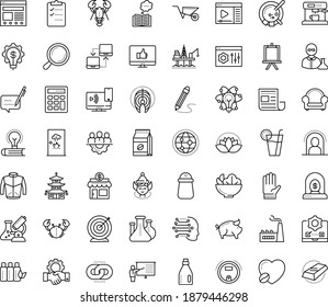 Thin outline vector icon set with dots - quarantine vector, elf, goal, Wheelbarrow, Garden gloves, Web Link, Business incubator, Small, Idea, Machine learning, Magnifier, media player, front end
