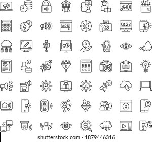 Thin outline vector icon set with dots - Mobile marketing vector, Webdesign, Cost per click, Digital, Blog management, Affiliate, Distance Learning, teacher, Self, Deep, Future technology, Altcoin