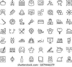 Thin outline vector icon set with dots - headache vector, santa hat, angel, Scythe, Online Training, electronic Book, Idea, AI Robot, Pencil and ruler, video Presentation, Compasses, Puzzle, Fishing