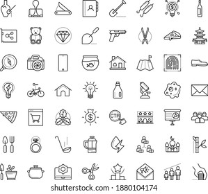 Thin outline vector icon set with dots - teddy bear vector, holly, Shovel, Gardening scissors, tools, Ranking, Presentation, Asynchronous Learning, Envelope, Binder clip, software, Idea, DSLR camera