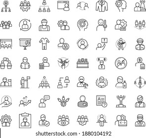 Thin outline vector icon set with dots - fever vector, chills, avoid contacts, stay hydrated, success, winner, teamwork, Human Resources, hr manager, consulting, employee relations, strategy, User
