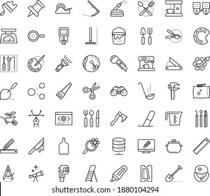 Thin outline vector icon set with dots - Shovel vector, Rake, Scythe, Hand saw, Garden hose, Gardening tools, pruner, Hairdressing salon, service, Productivity, Pencil and ruler, Eraser, Pin, Marker