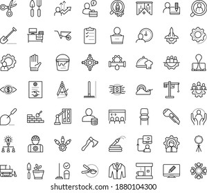 Thin outline vector icon set with dots - teamwork vector, Shovel, Rake, Wheelbarrow, Garden hose, gloves, Gardening tools, pruner, permanent recruitment, hr services, Plumbing service, Cleaning