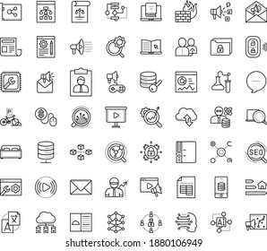 Thin outline vector icon set with dots - referral vector, Translation service, Computer repair, SEO, Video marketing, Social media, Mail, Search optimization, Pay per click, Blog management, Folder