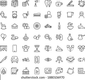 Thin outline vector icon set with dots - headache vector, Christmas, angel, teddy bear, winner, Webinar, Machine learning, Algorithm, Autonomous, Pen, Pencil and ruler, Stapler, Sharpener, handshake