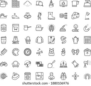 Thin outline vector icon set with dots - snowman vector, festive bow, Christmas bell, Rubber boots, Garden hose, Business opportunity, Calculator, Scotch tape, commerce solutions, palette, Singing